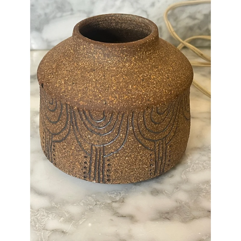Ann Riggs Studio Pottery Lamp Warmer Carved Stoneware Cork Base Signed Vintage